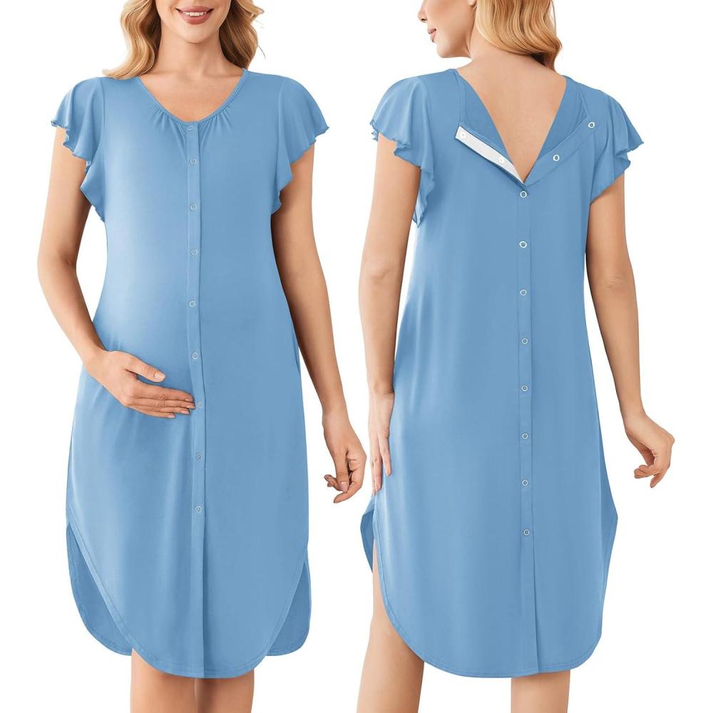 imageEkouaer Labor and Delivery Gown 3 in 1 NursingHospitalBreastfeedingMaternity Flying Short Sleeve Nightgown with ButtonBlue