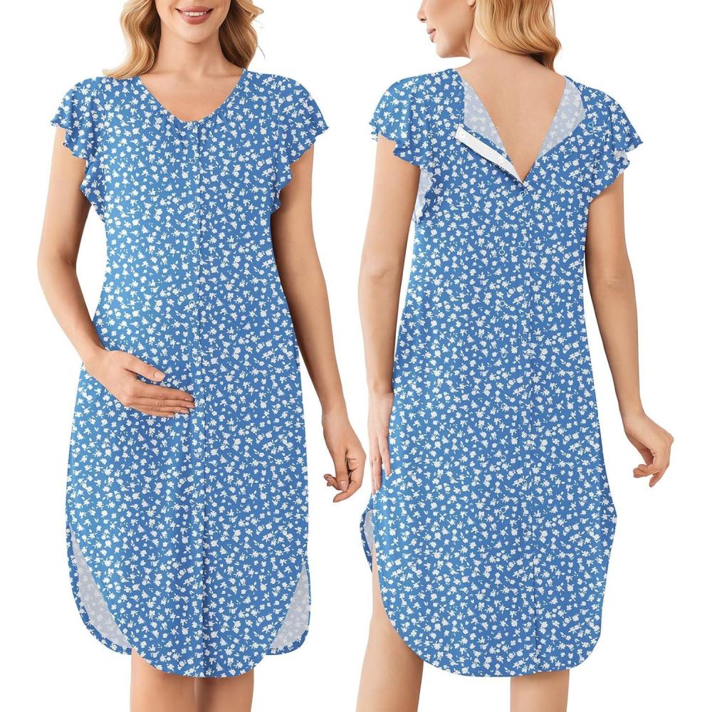 imageEkouaer Labor and Delivery Gown 3 in 1 NursingHospitalBreastfeedingMaternity Flying Short Sleeve Nightgown with ButtonBlue Flower