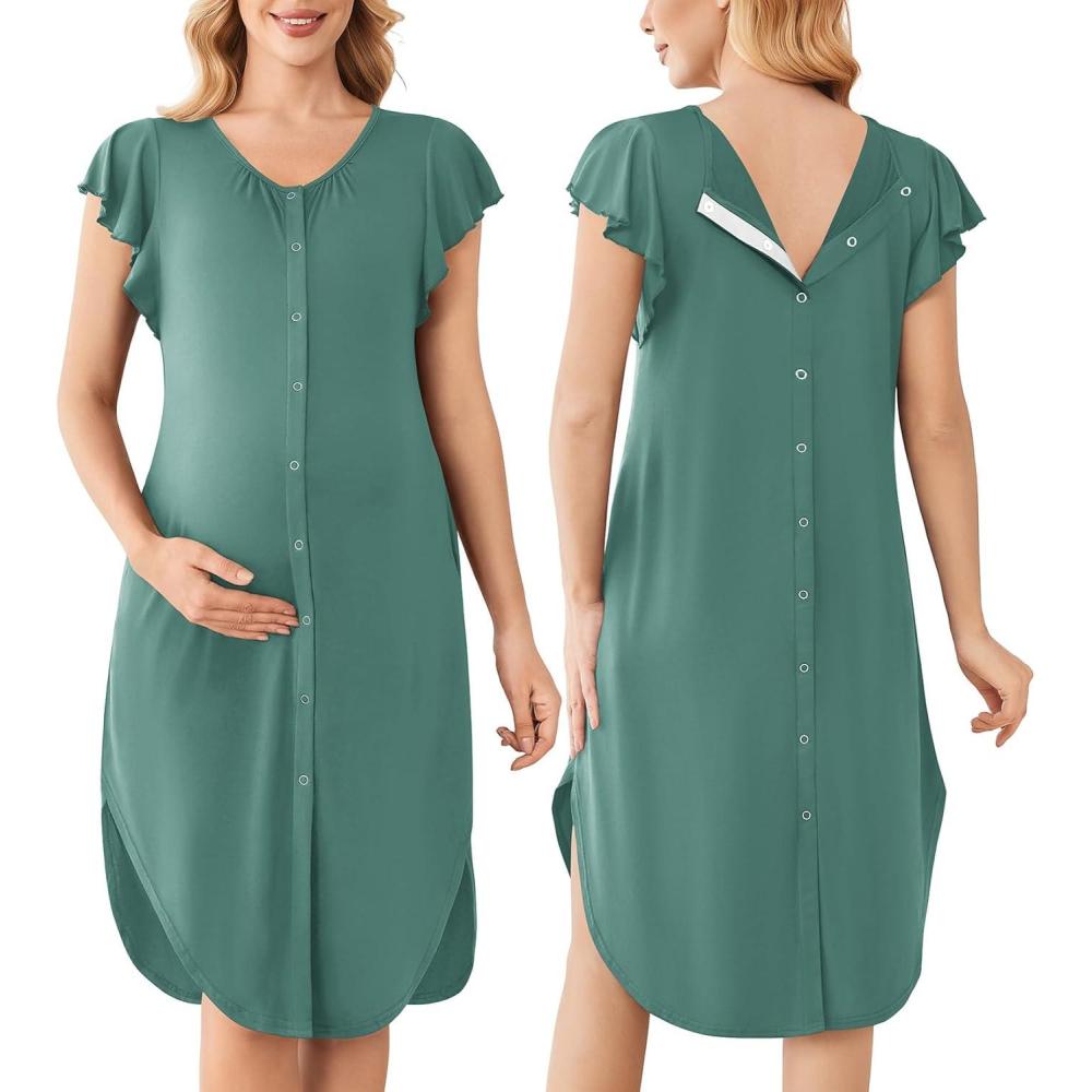 imageEkouaer Labor and Delivery Gown 3 in 1 NursingHospitalBreastfeedingMaternity Flying Short Sleeve Nightgown with ButtonCeladon Green