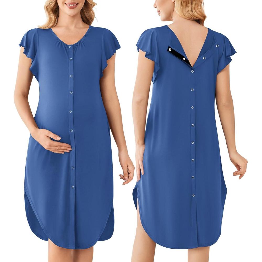 imageEkouaer Labor and Delivery Gown 3 in 1 NursingHospitalBreastfeedingMaternity Flying Short Sleeve Nightgown with ButtonDark Blue