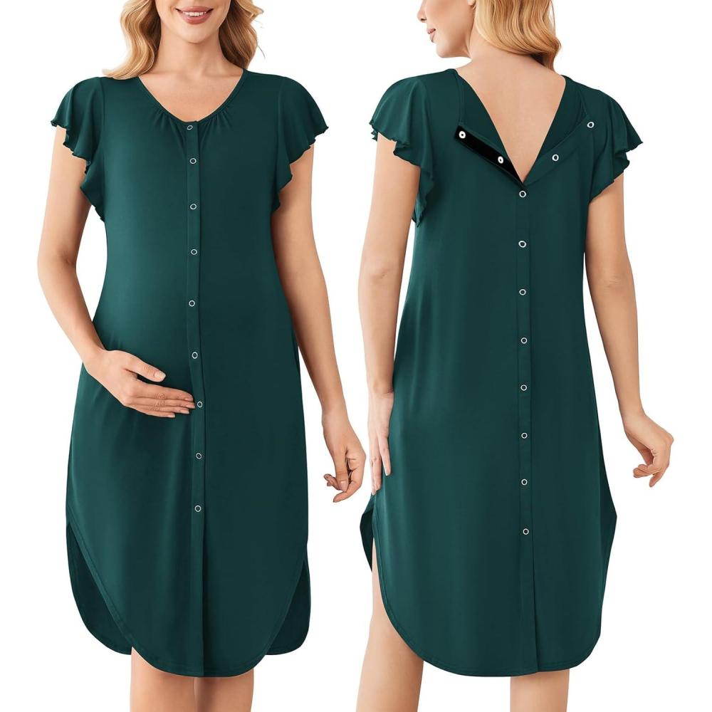 imageEkouaer Labor and Delivery Gown 3 in 1 NursingHospitalBreastfeedingMaternity Flying Short Sleeve Nightgown with ButtonDark Green