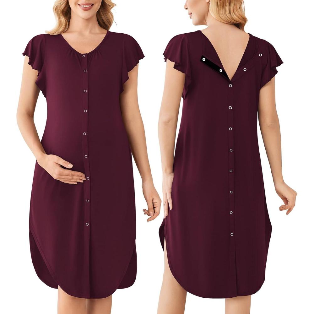 imageEkouaer Labor and Delivery Gown 3 in 1 NursingHospitalBreastfeedingMaternity Flying Short Sleeve Nightgown with ButtonMaroon