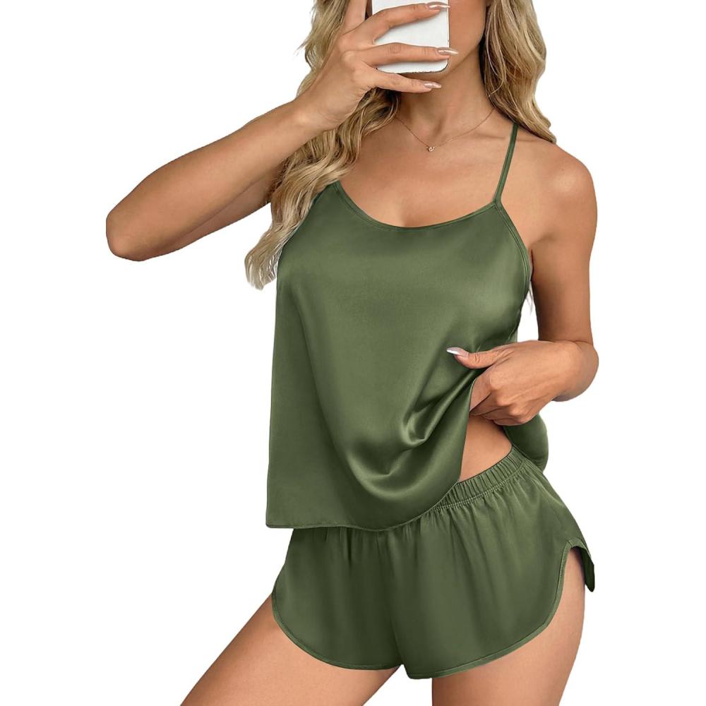 imageEkouaer Silk Pajamas Set for Women Satin Backless Lingerie Pjs Cami Top and Shorts NightwearNoble Army Green