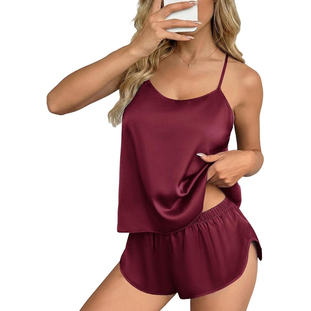 imageEkouaer Silk Pajamas Set for Women Satin Backless Lingerie Pjs Cami Top and Shorts NightwearNoble Dark Red