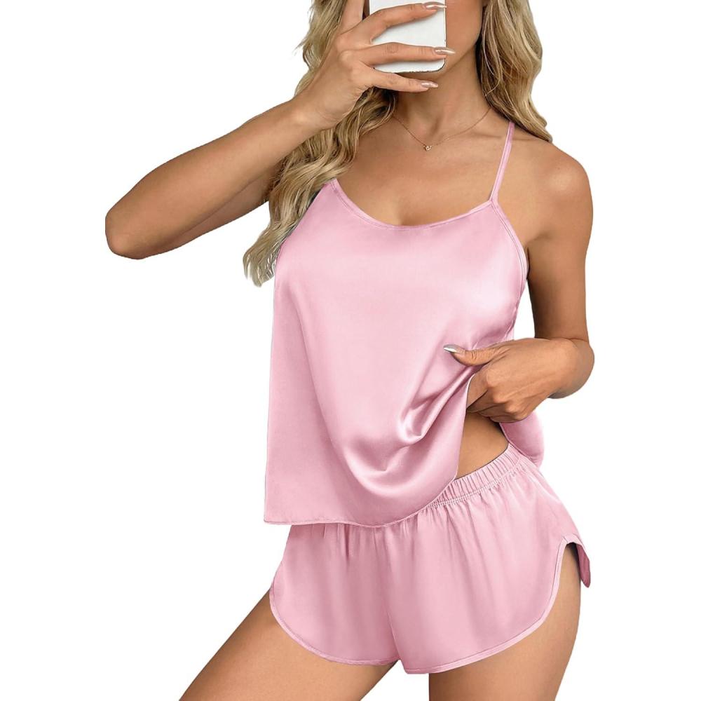 imageEkouaer Silk Pajamas Set for Women Satin Backless Lingerie Pjs Cami Top and Shorts NightwearNoble Pink