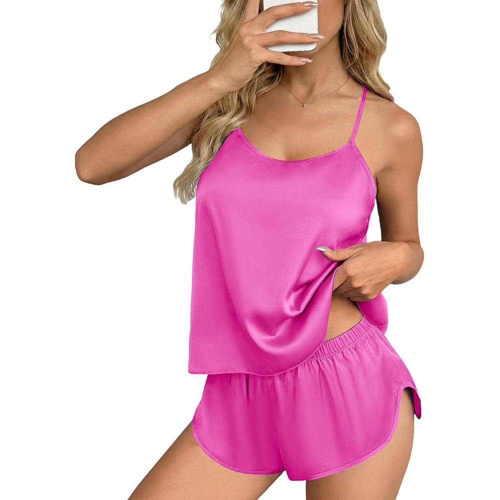 imageEkouaer Silk Pajamas Set for Women Satin Backless Lingerie Pjs Cami Top and Shorts NightwearNoble Rose Red