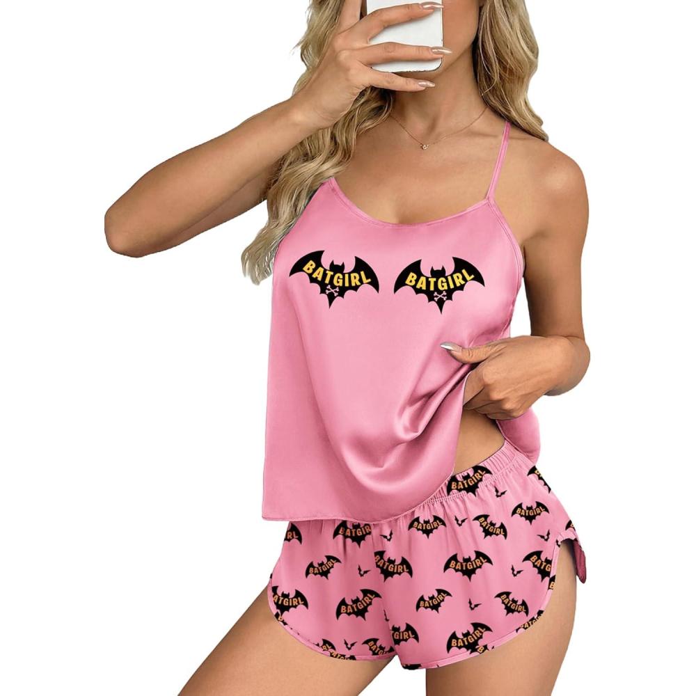 imageEkouaer Silk Pajamas Set for Women Satin Backless Lingerie Pjs Cami Top and Shorts NightwearPrintpink Bat