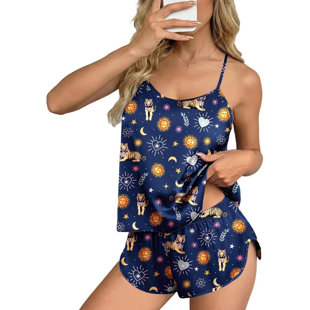 imageEkouaer Silk Pajamas Set for Women Satin Backless Lingerie Pjs Cami Top and Shorts NightwearPrinttigerMoonSunStar