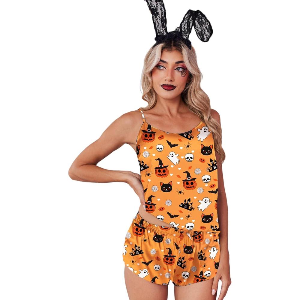imageEkouaer Silk Pajamas Set for Women Satin Backless Lingerie Pjs Cami Top and Shorts NightwearPumpkin