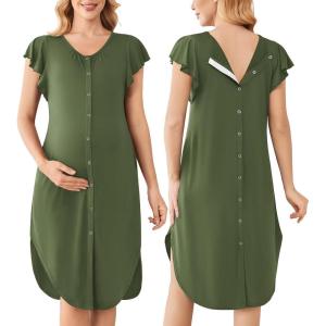 Ekouaer Labor and Delivery Gown 3 in 1 Nursing/Hospital/Breastfeeding/Maternity Flying Short Sleeve Nightgown with Button(Army Green)