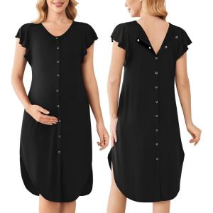 Ekouaer Labor and Delivery Gown 3 in 1 Nursing/Hospital/Breastfeeding/Maternity Flying Short Sleeve Nightgown with Button(Black)