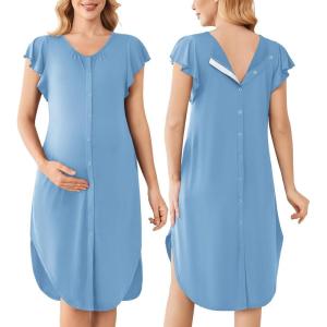 Ekouaer Labor and Delivery Gown 3 in 1 Nursing/Hospital/Breastfeeding/Maternity Flying Short Sleeve Nightgown with Button(Blue)