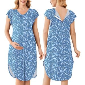 Ekouaer Labor and Delivery Gown 3 in 1 Nursing/Hospital/Breastfeeding/Maternity Flying Short Sleeve Nightgown with Button(Blue Flower)