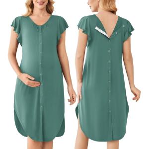 Ekouaer Labor and Delivery Gown 3 in 1 Nursing/Hospital/Breastfeeding/Maternity Flying Short Sleeve Nightgown with Button(Celadon Green)