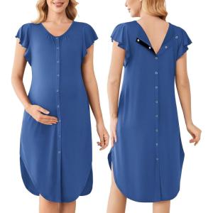 Ekouaer Labor and Delivery Gown 3 in 1 Nursing/Hospital/Breastfeeding/Maternity Flying Short Sleeve Nightgown with Button(Dark Blue)
