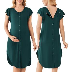 Ekouaer Labor and Delivery Gown 3 in 1 Nursing/Hospital/Breastfeeding/Maternity Flying Short Sleeve Nightgown with Button(Dark Green)
