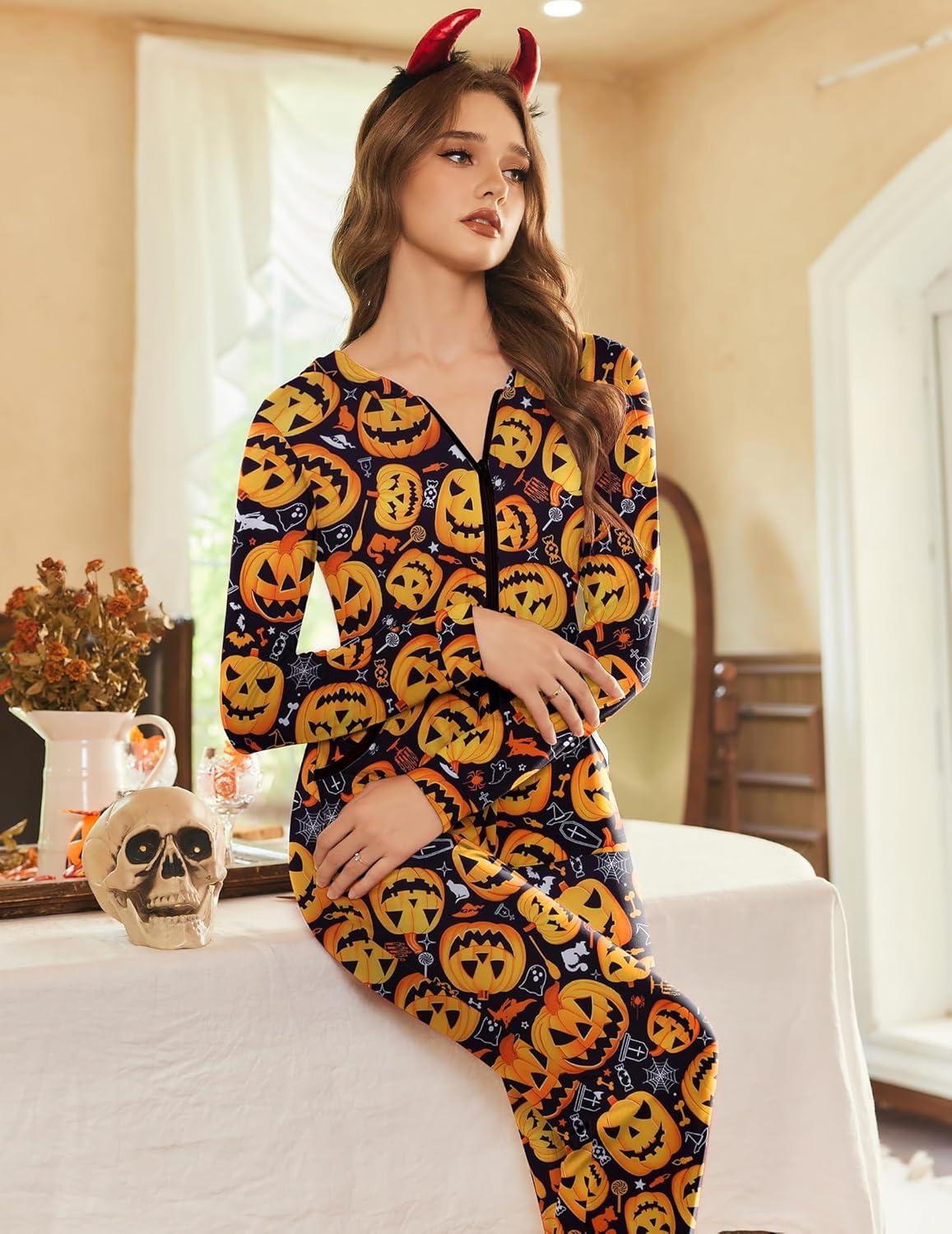 imageEkouaer Christmas Onesie for Women Hooded Jumpsuit Long Sleeve Zip Up One Piece Pajamas Novelty SleepwearHalloween Pumpkin Print