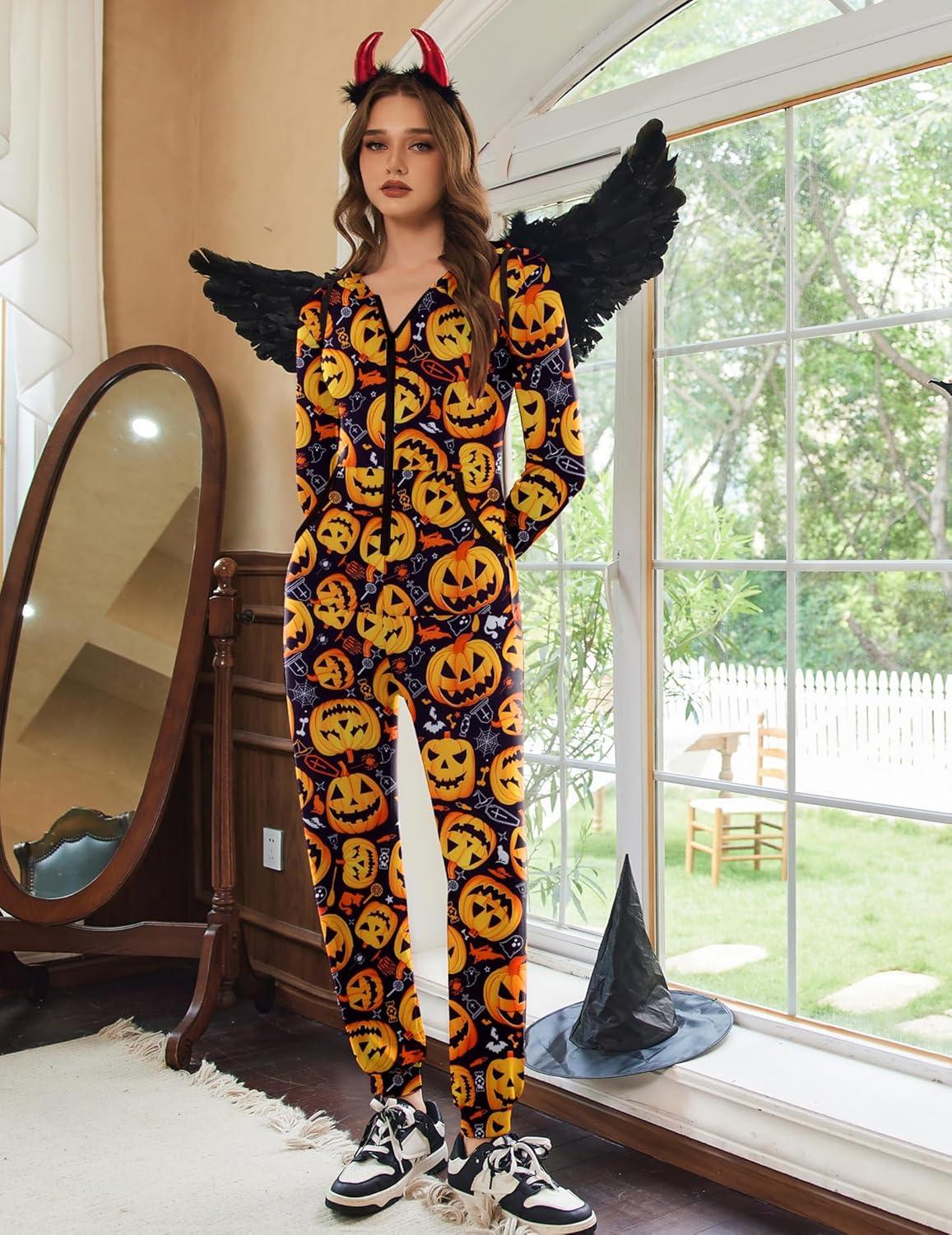 imageEkouaer Christmas Onesie for Women Hooded Jumpsuit Long Sleeve Zip Up One Piece Pajamas Novelty SleepwearHalloween Pumpkin Print