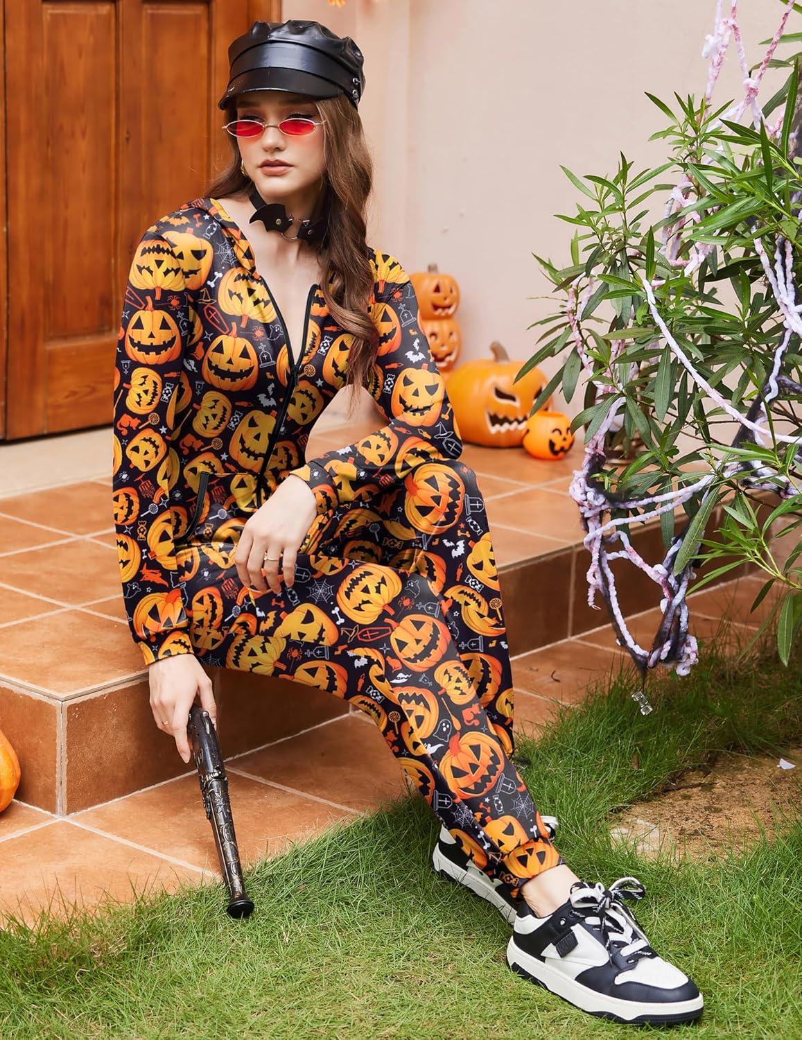 imageEkouaer Christmas Onesie for Women Hooded Jumpsuit Long Sleeve Zip Up One Piece Pajamas Novelty SleepwearHalloween Pumpkin Print