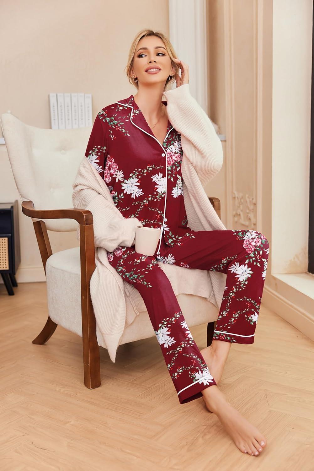 imageEkouaer Pajamas Womens Long Sleeve Sleepwear Soft Button Down Loungewear Pjs Lounge Set Nightwear XSXXLFloral Wine