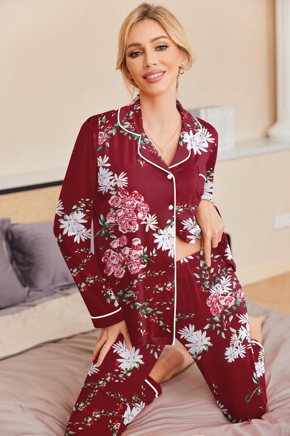 imageEkouaer Pajamas Womens Long Sleeve Sleepwear Soft Button Down Loungewear Pjs Lounge Set Nightwear XSXXLFloral Wine