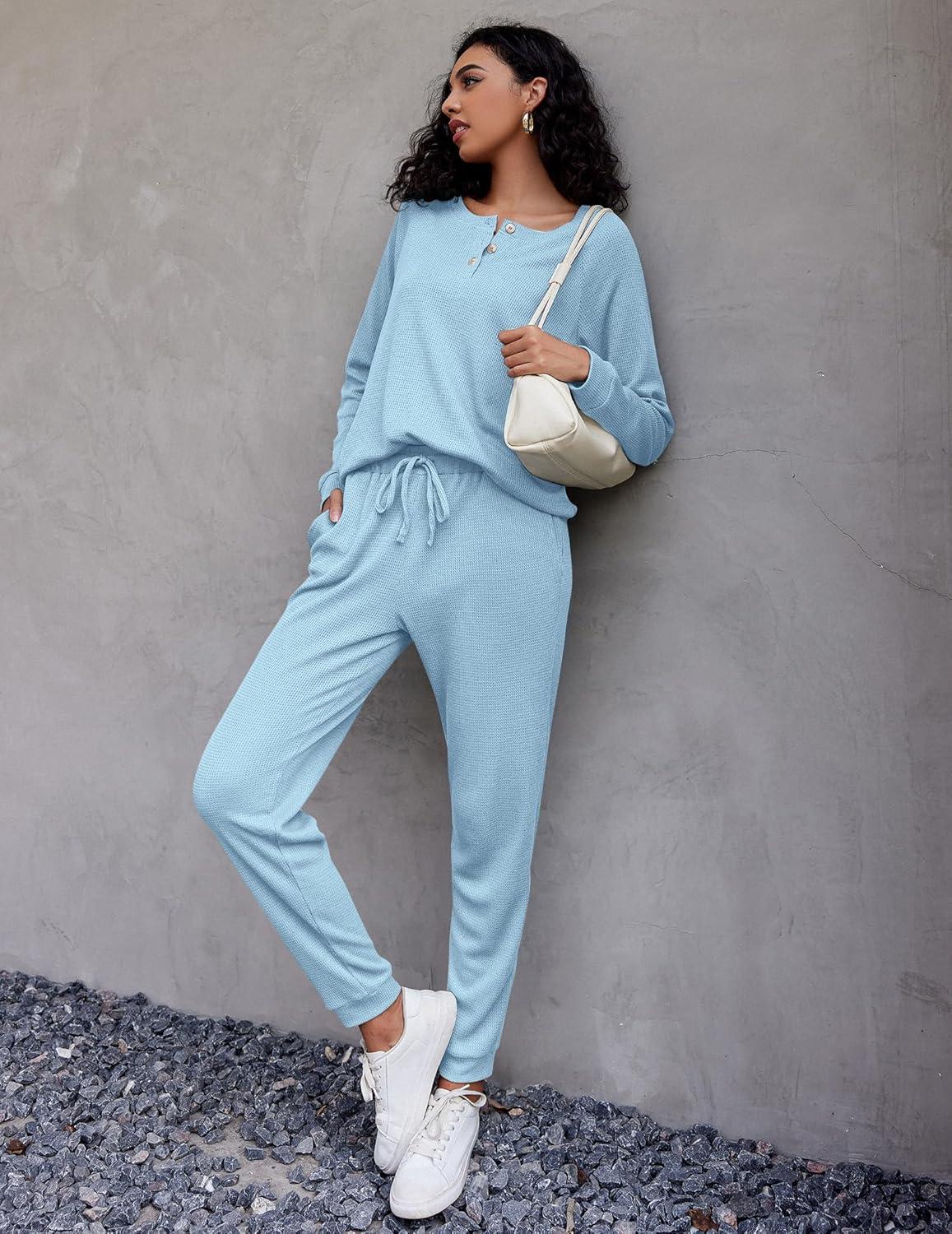 imageEkouaer Pajamas Womens Waffle Knit Sleepwear Long Sleeve Top with Pants Casual Pjs Loungewear Set SXXLBaby Blue