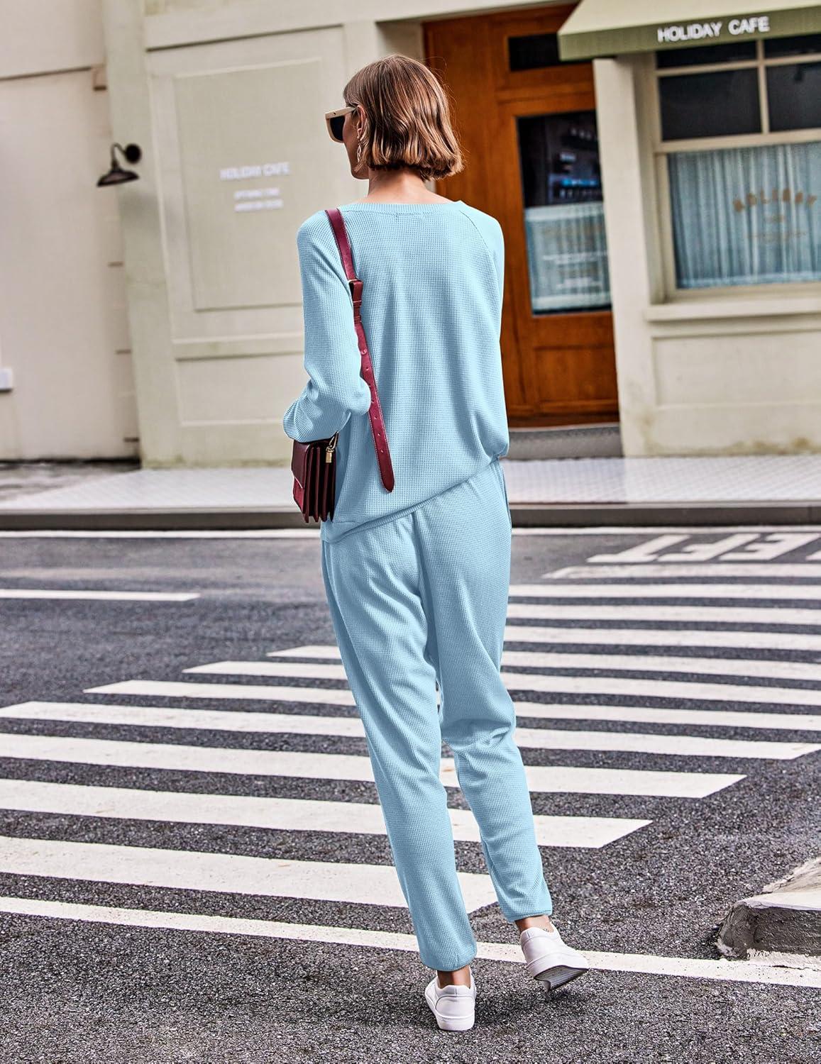 imageEkouaer Pajamas Womens Waffle Knit Sleepwear Long Sleeve Top with Pants Casual Pjs Loungewear Set SXXLBaby Blue