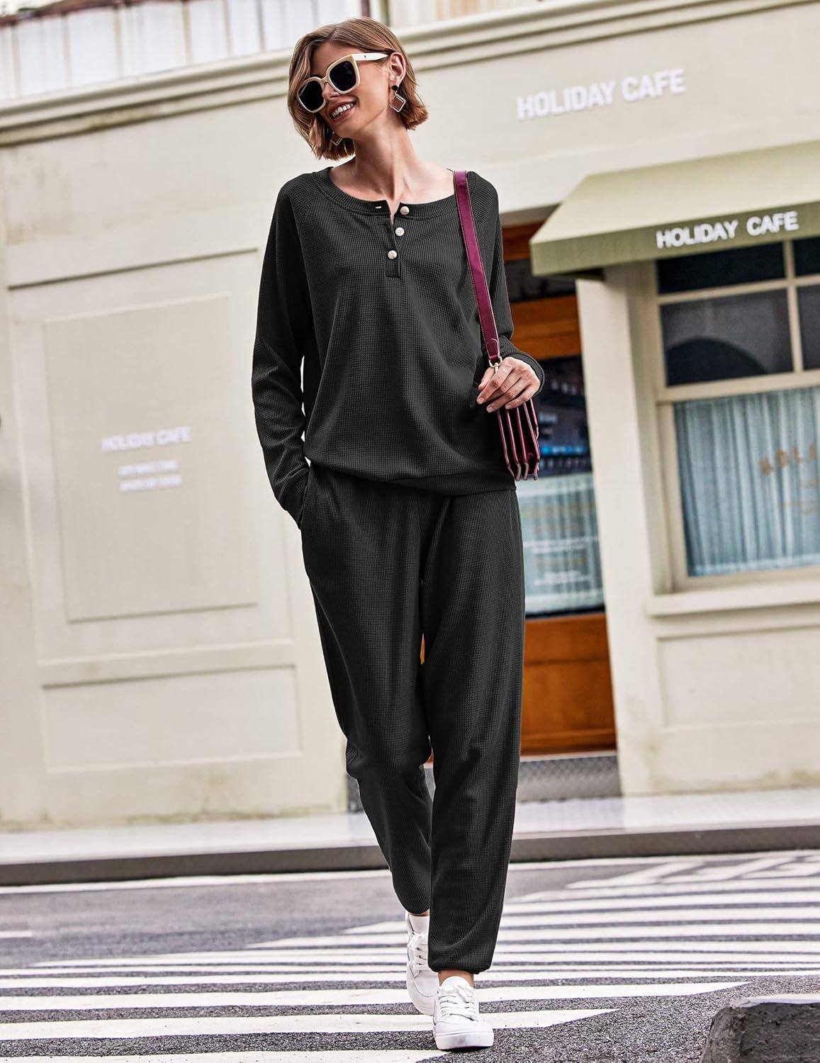 imageEkouaer Pajamas Womens Waffle Knit Sleepwear Long Sleeve Top with Pants Casual Pjs Loungewear Set SXXLBlack