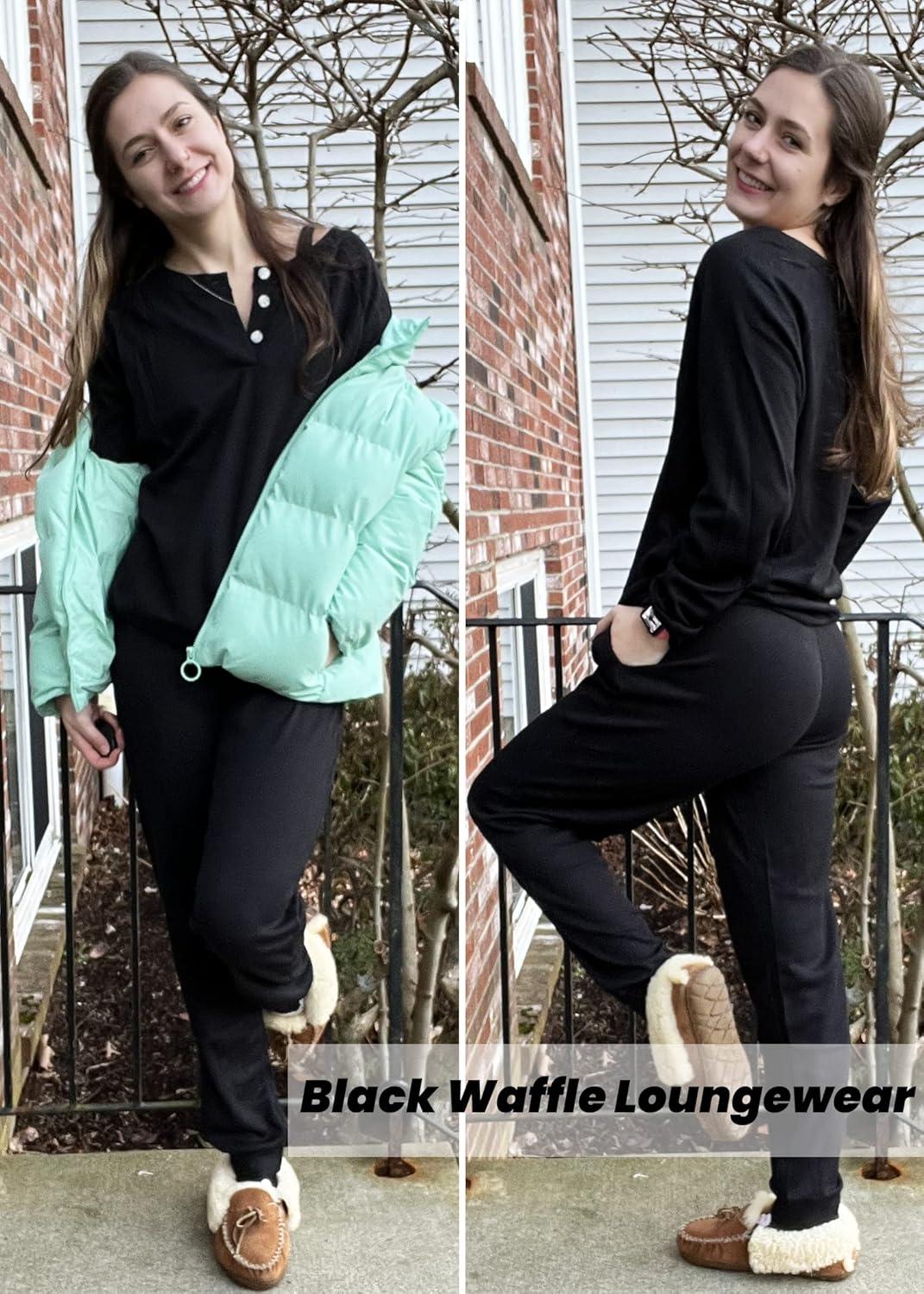 imageEkouaer Pajamas Womens Waffle Knit Sleepwear Long Sleeve Top with Pants Casual Pjs Loungewear Set SXXLBlack