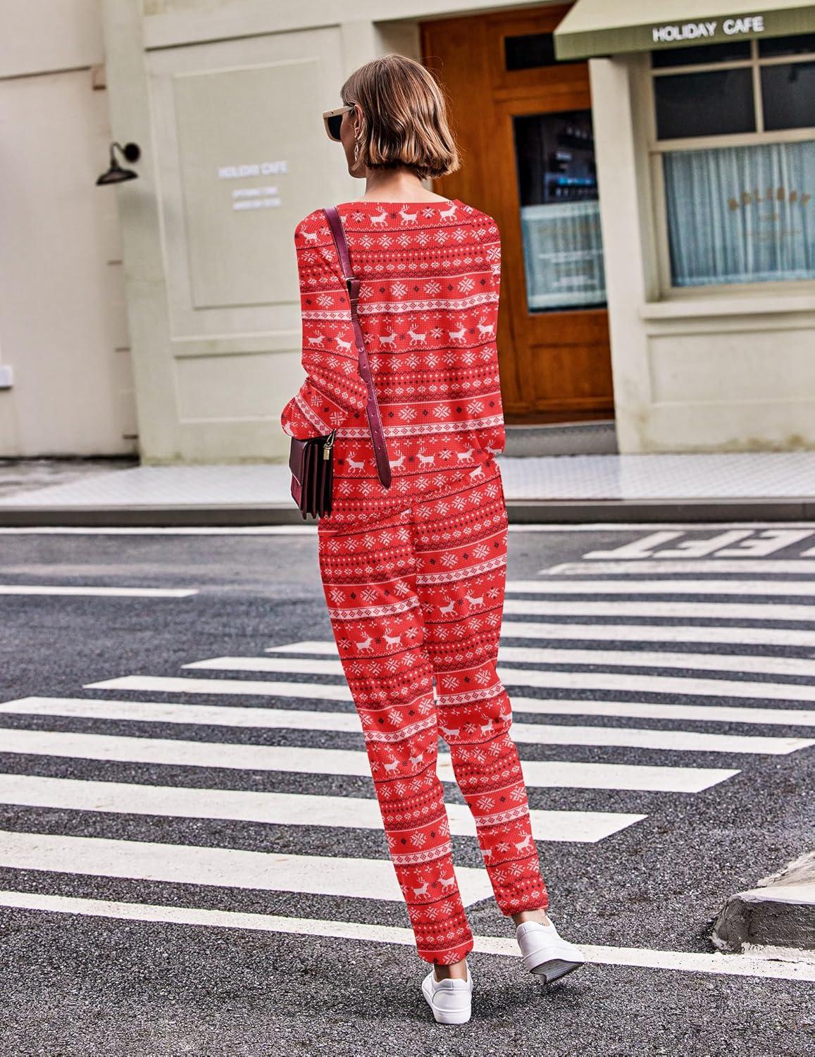 imageEkouaer Pajamas Womens Waffle Knit Sleepwear Long Sleeve Top with Pants Casual Pjs Loungewear Set SXXLChristmas