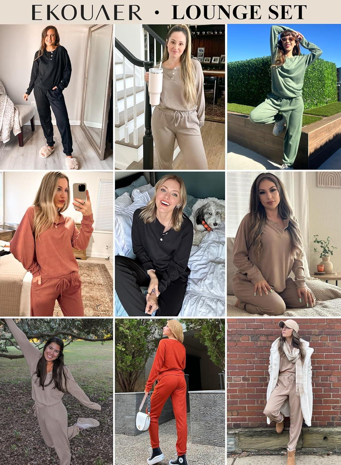 imageEkouaer Pajamas Womens Waffle Knit Sleepwear Long Sleeve Top with Pants Casual Pjs Loungewear Set SXXLChristmas