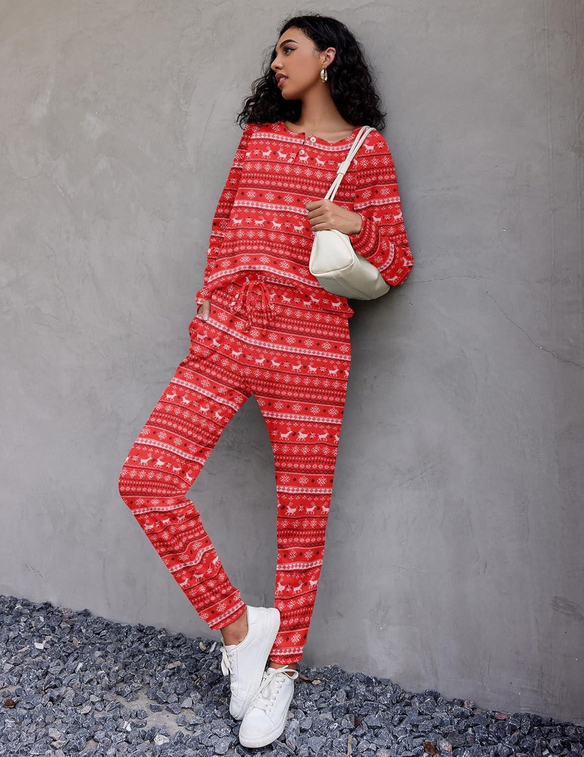 imageEkouaer Pajamas Womens Waffle Knit Sleepwear Long Sleeve Top with Pants Casual Pjs Loungewear Set SXXLChristmas