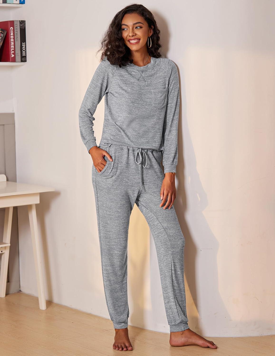 imageEkouaer Pajamas Womens Waffle Knit Sleepwear Long Sleeve Top with Pants Casual Pjs Loungewear Set SXXLLight Grey