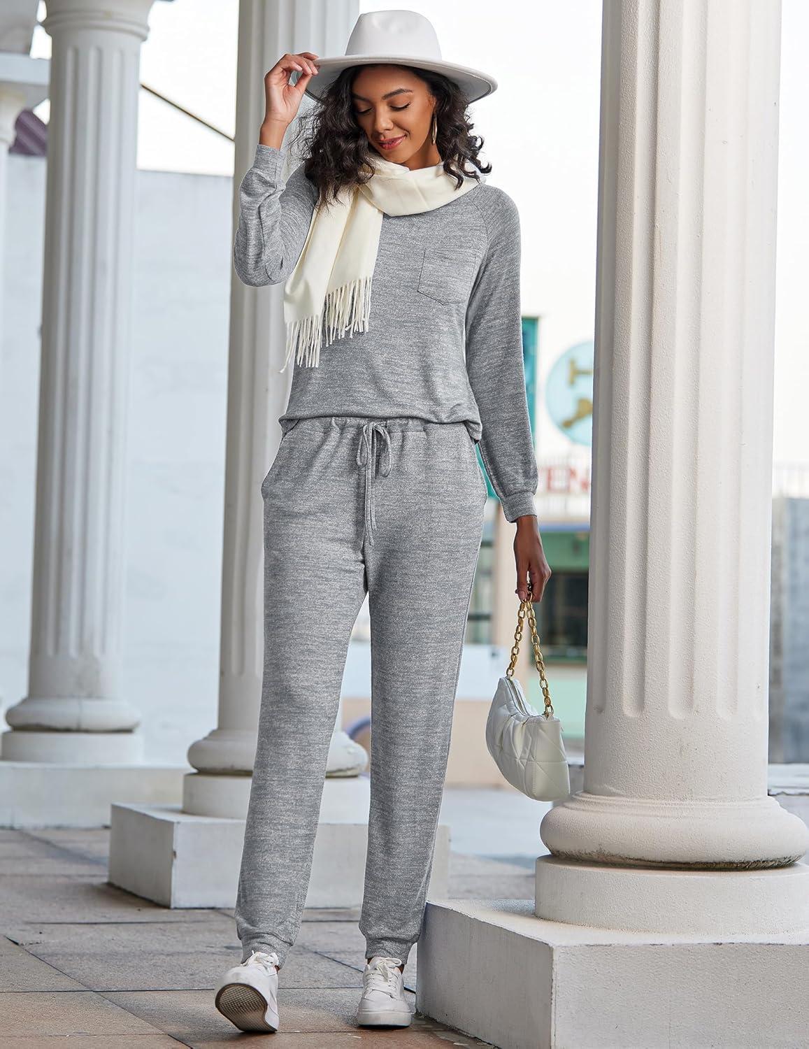 imageEkouaer Pajamas Womens Waffle Knit Sleepwear Long Sleeve Top with Pants Casual Pjs Loungewear Set SXXLLight Grey