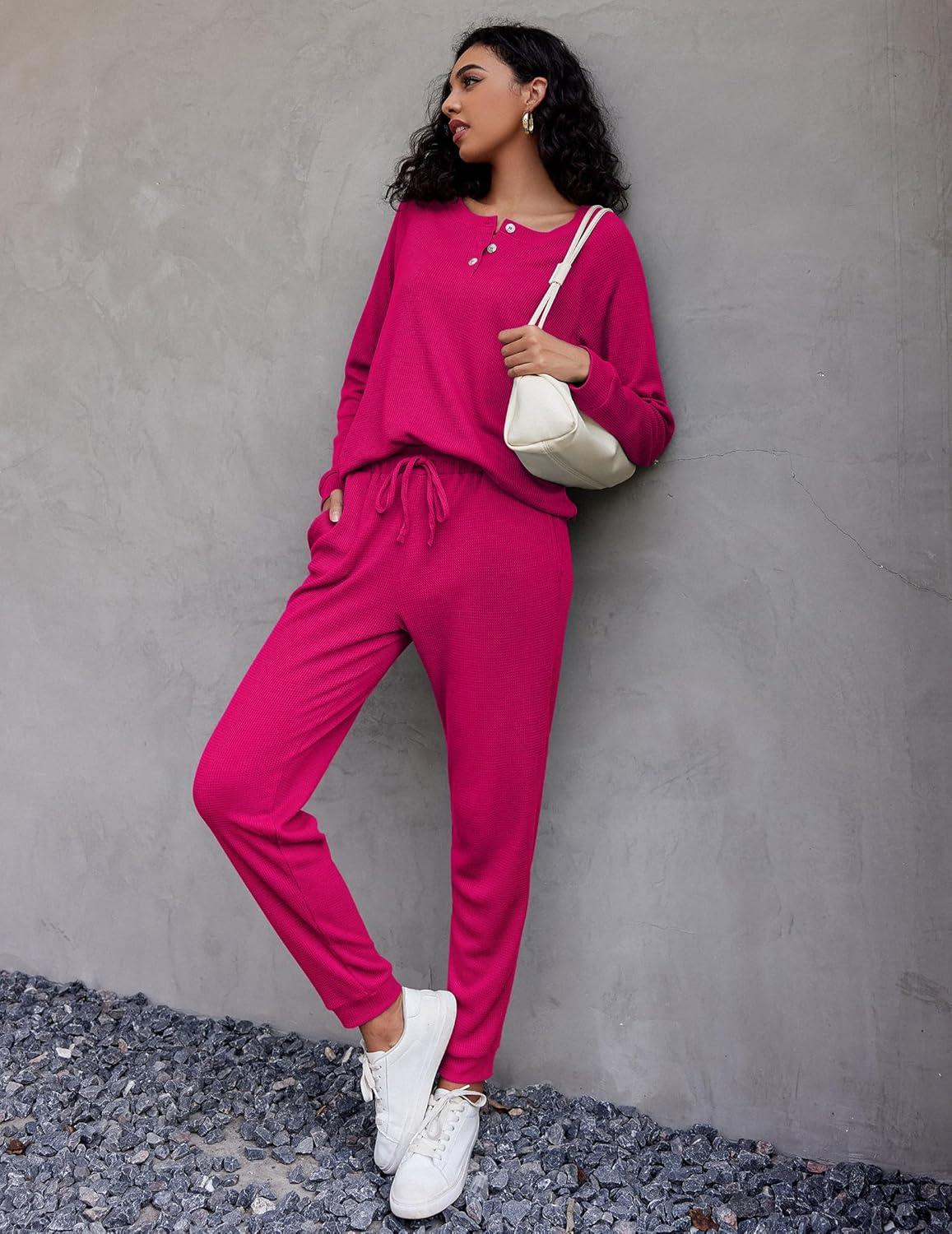 imageEkouaer Pajamas Womens Waffle Knit Sleepwear Long Sleeve Top with Pants Casual Pjs Loungewear Set SXXLRosy