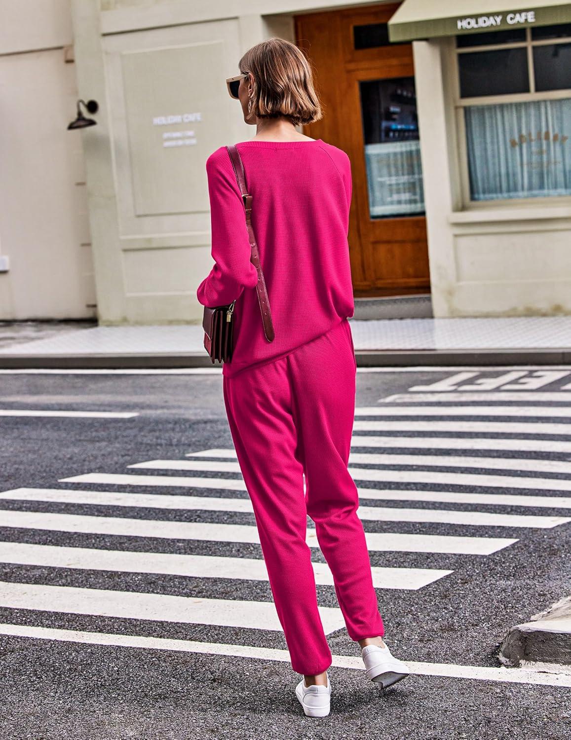 imageEkouaer Pajamas Womens Waffle Knit Sleepwear Long Sleeve Top with Pants Casual Pjs Loungewear Set SXXLRosy