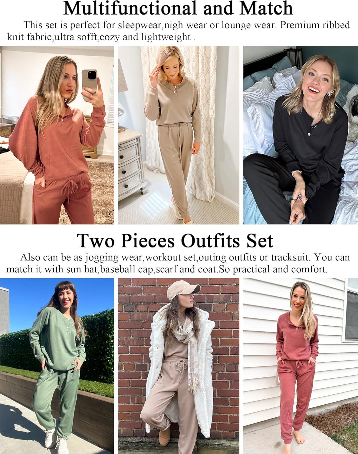 imageEkouaer Pajamas Womens Waffle Knit Sleepwear Long Sleeve Top with Pants Casual Pjs Loungewear Set SXXLRosy