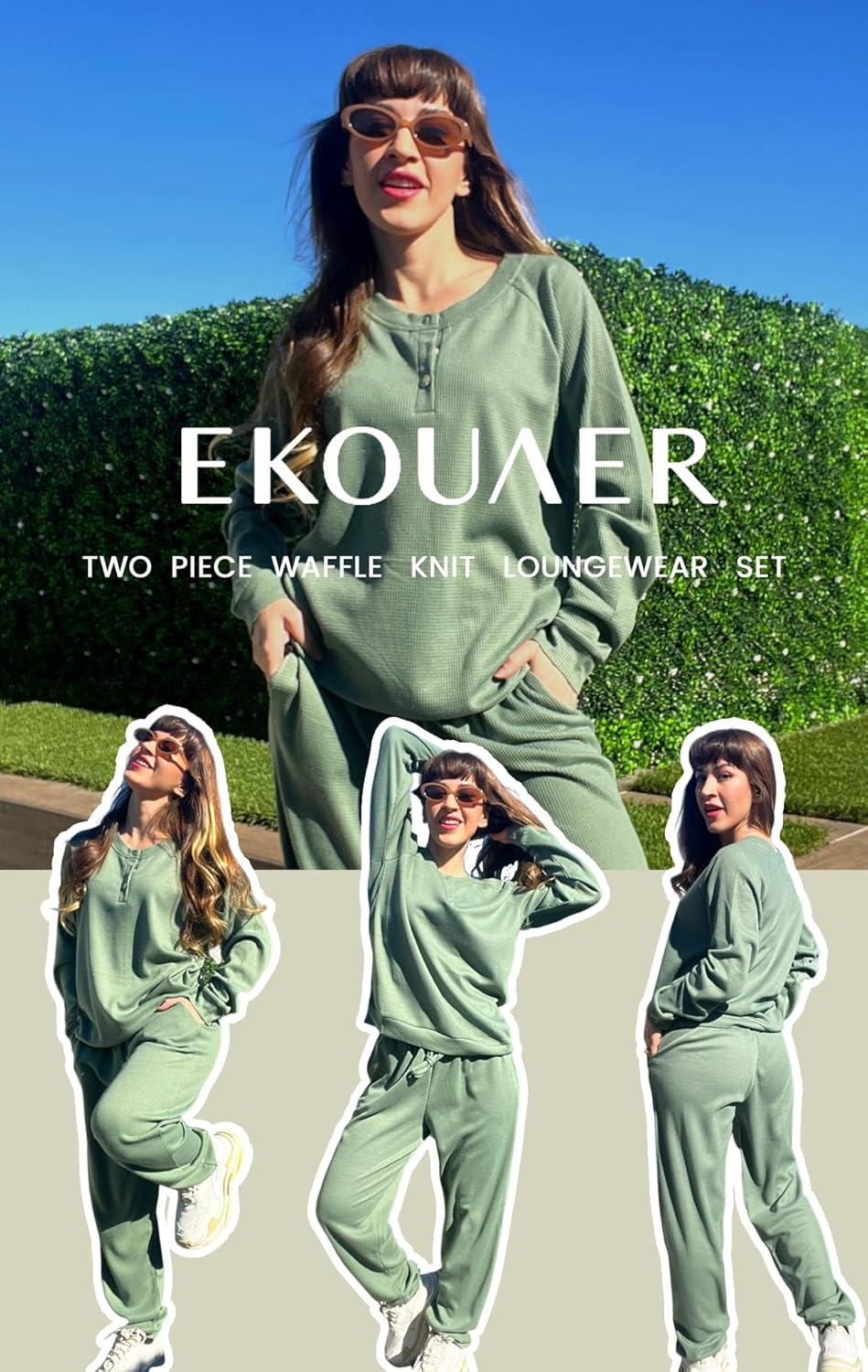 imageEkouaer Pajamas Womens Waffle Knit Sleepwear Long Sleeve Top with Pants Casual Pjs Loungewear Set SXXLSea Green