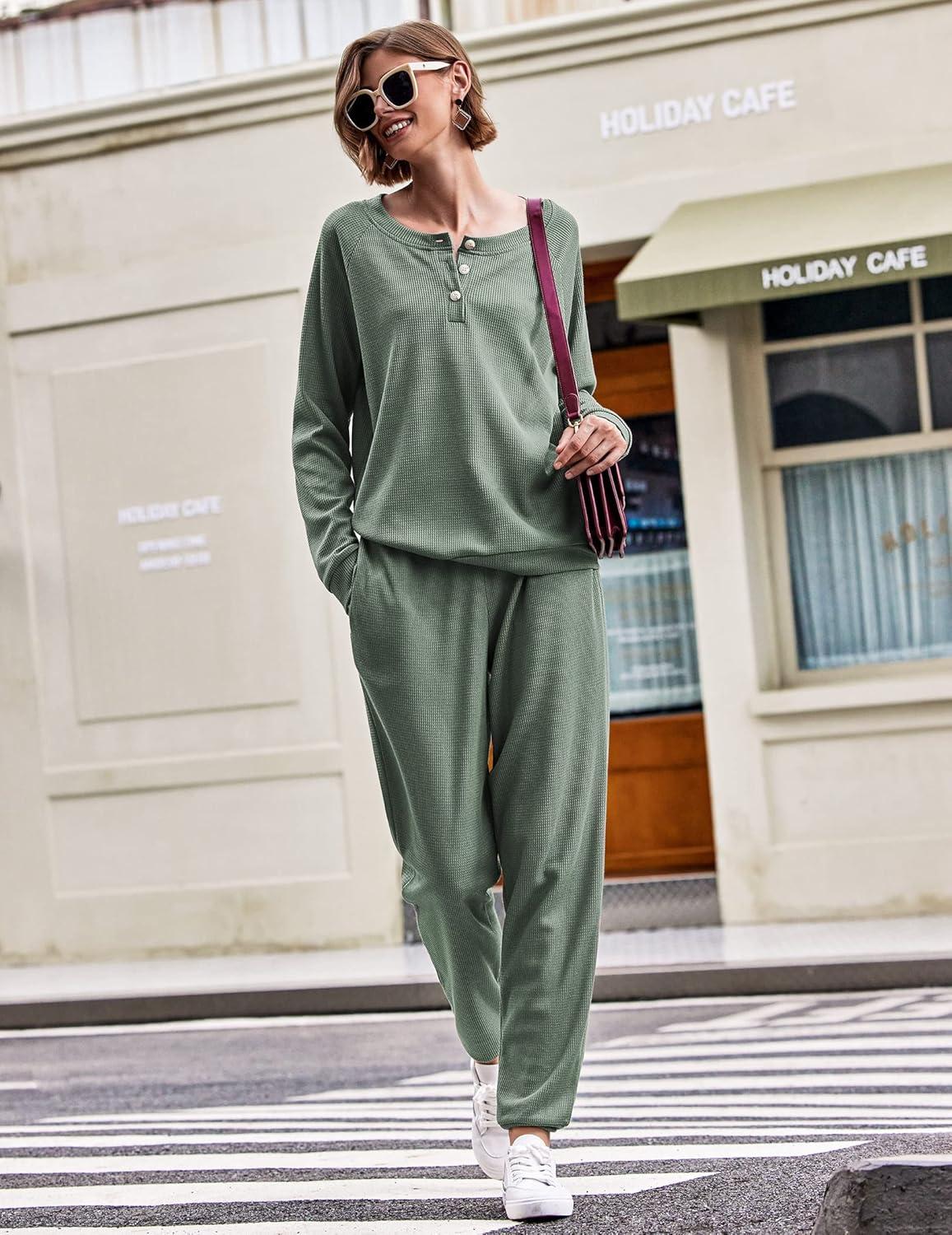 imageEkouaer Pajamas Womens Waffle Knit Sleepwear Long Sleeve Top with Pants Casual Pjs Loungewear Set SXXLSea Green