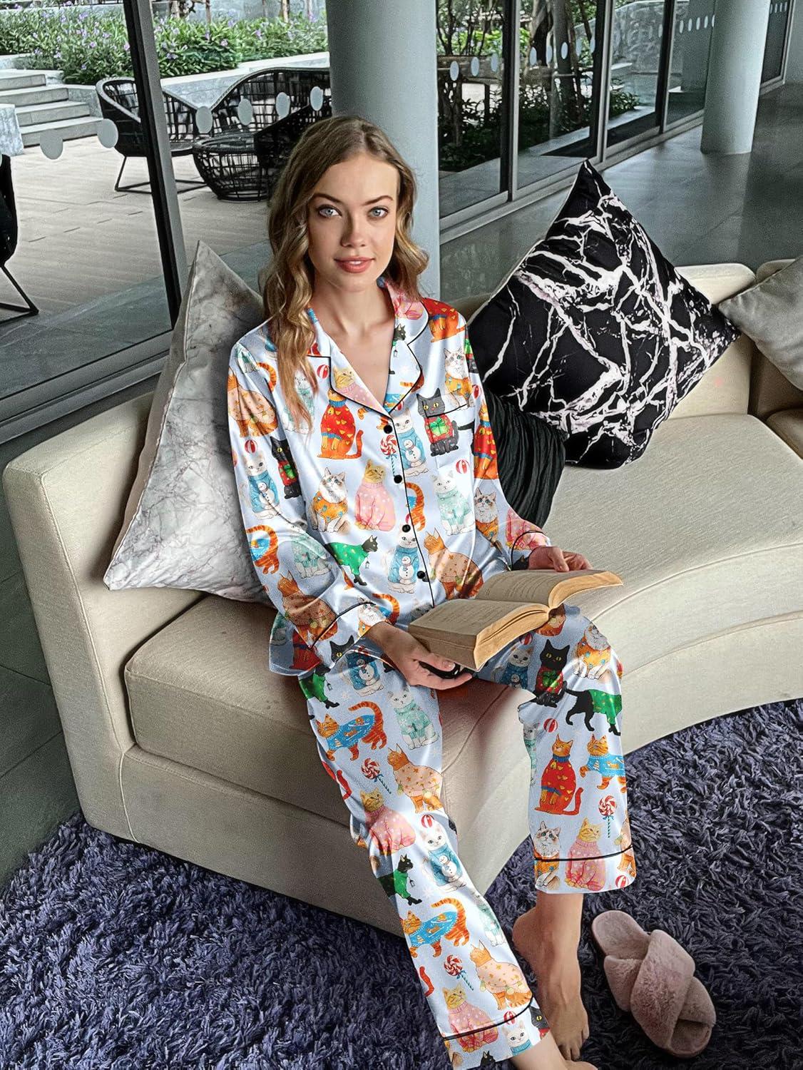 imageEkouaer Silk Pajamas for Women Button Down Satin Pj Set Soft Long Sleeve 2 Piece Sleepwear Loungewear SXXLBlue Cat Print