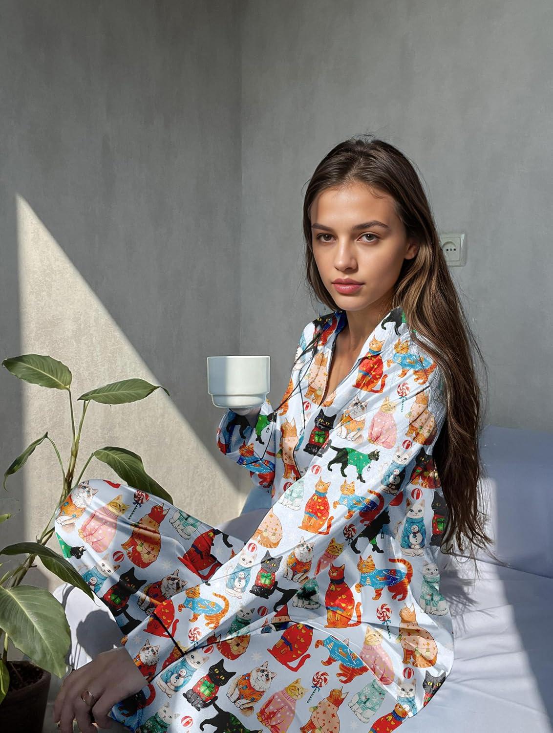 imageEkouaer Silk Pajamas for Women Button Down Satin Pj Set Soft Long Sleeve 2 Piece Sleepwear Loungewear SXXLBlue Cat Print