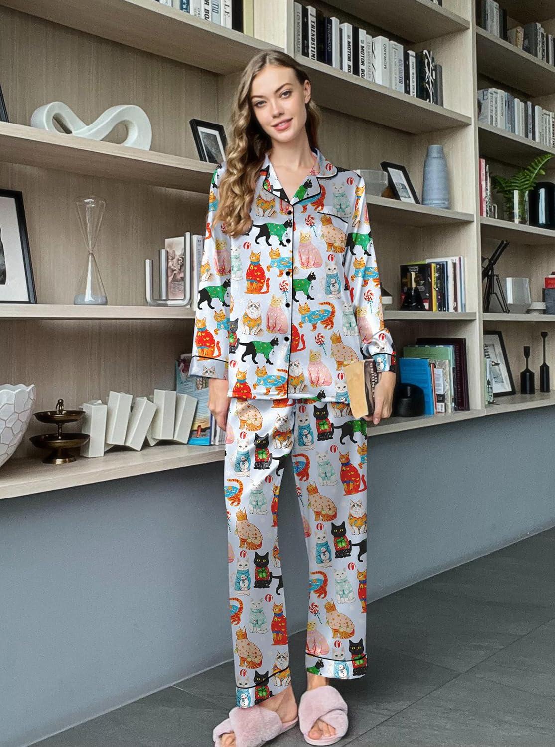 imageEkouaer Silk Pajamas for Women Button Down Satin Pj Set Soft Long Sleeve 2 Piece Sleepwear Loungewear SXXLBlue Cat Print