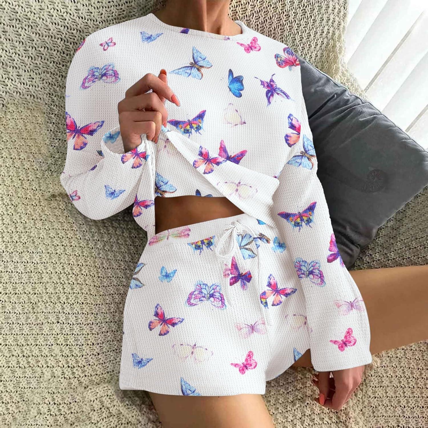 imageEkouaer Waffle Knit Pajama Sets for Women Solid Lounge Sets Long Sleeve Top and Shorts Pjs SXXLColorful Butterfly