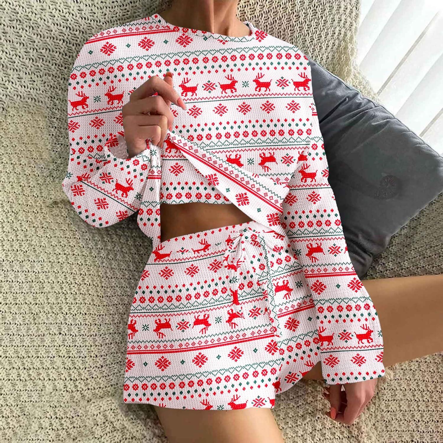 imageEkouaer Waffle Knit Pajama Sets for Women Solid Lounge Sets Long Sleeve Top and Shorts Pjs SXXLRed Christmas