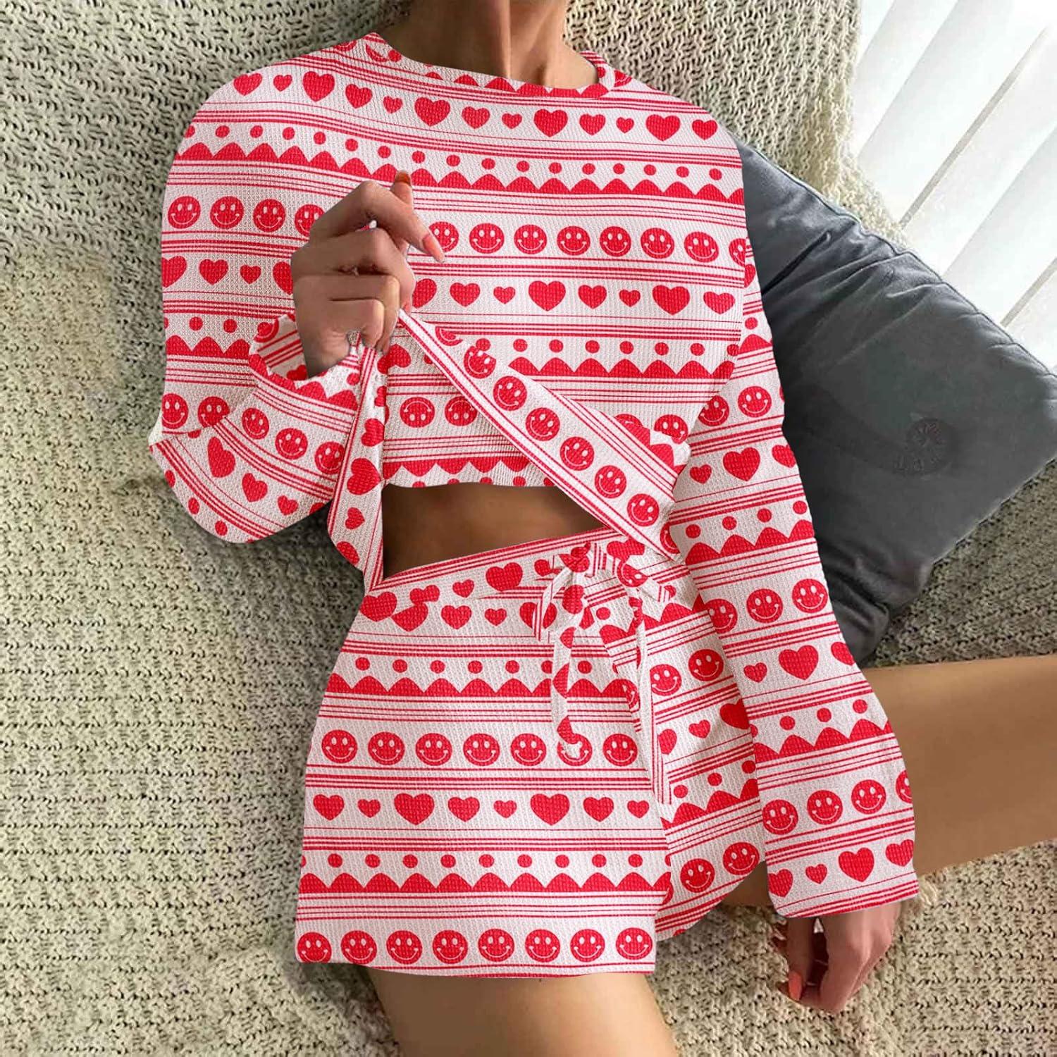 imageEkouaer Waffle Knit Pajama Sets for Women Solid Lounge Sets Long Sleeve Top and Shorts Pjs SXXLRed Heart