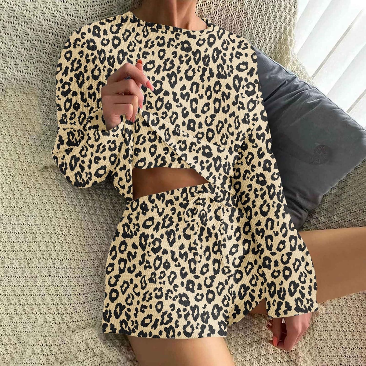 imageEkouaer Waffle Knit Pajama Sets for Women Solid Lounge Sets Long Sleeve Top and Shorts Pjs SXXLYellow Leopard