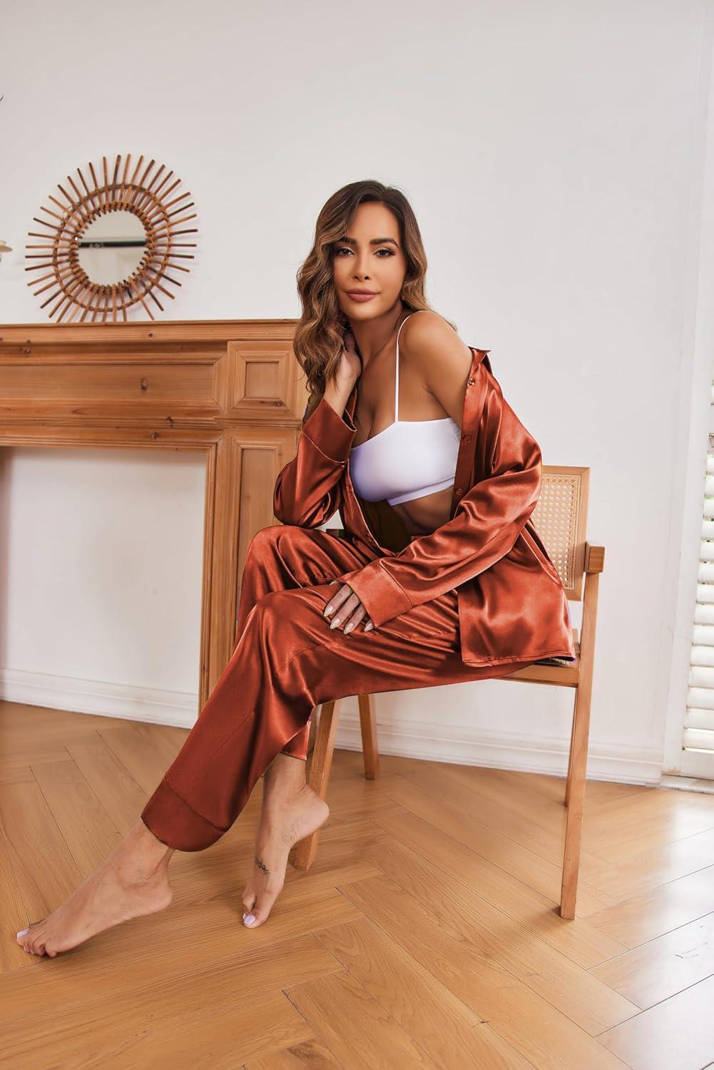 imageEkouaer Women Satin Silk Pajamas Classic Long Sleeve Button Down Pjs Set Soft LoungewearCaramel