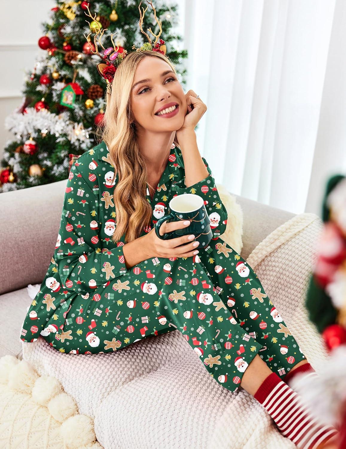 imageEkouaer Women Satin Silk Pajamas Classic Long Sleeve Button Down Pjs Set Soft LoungewearChristmas Green