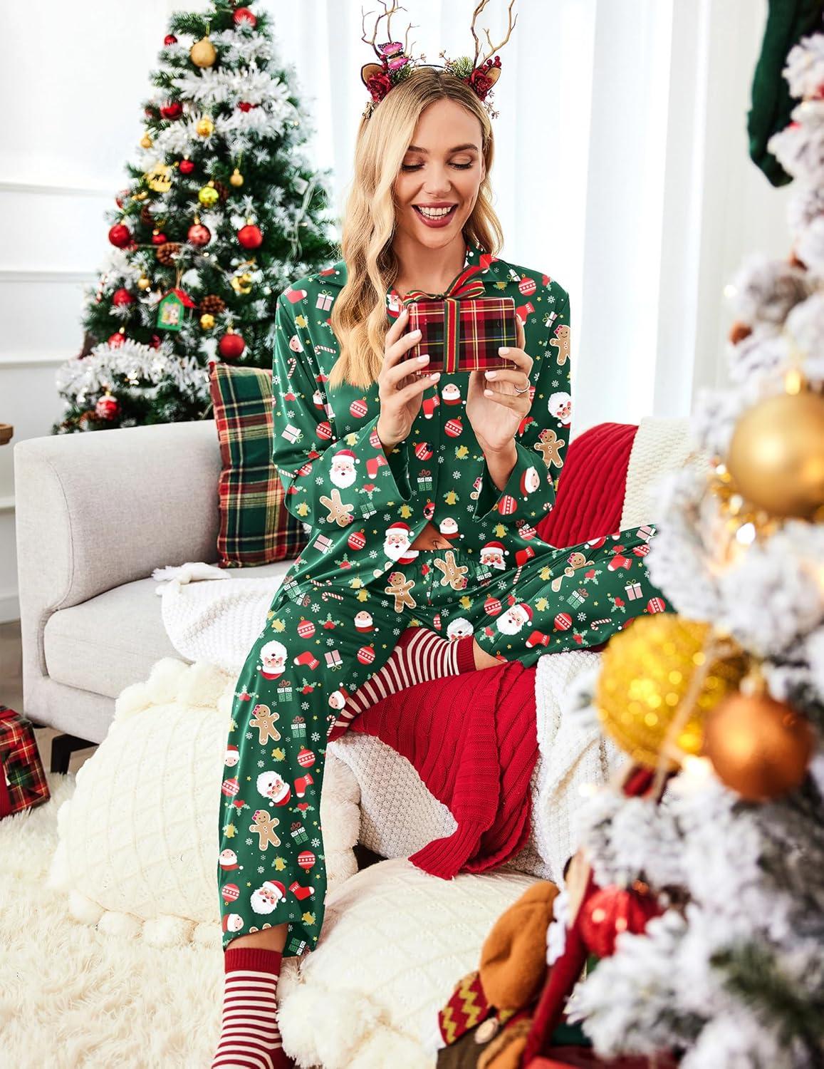 imageEkouaer Women Satin Silk Pajamas Classic Long Sleeve Button Down Pjs Set Soft LoungewearChristmas Green