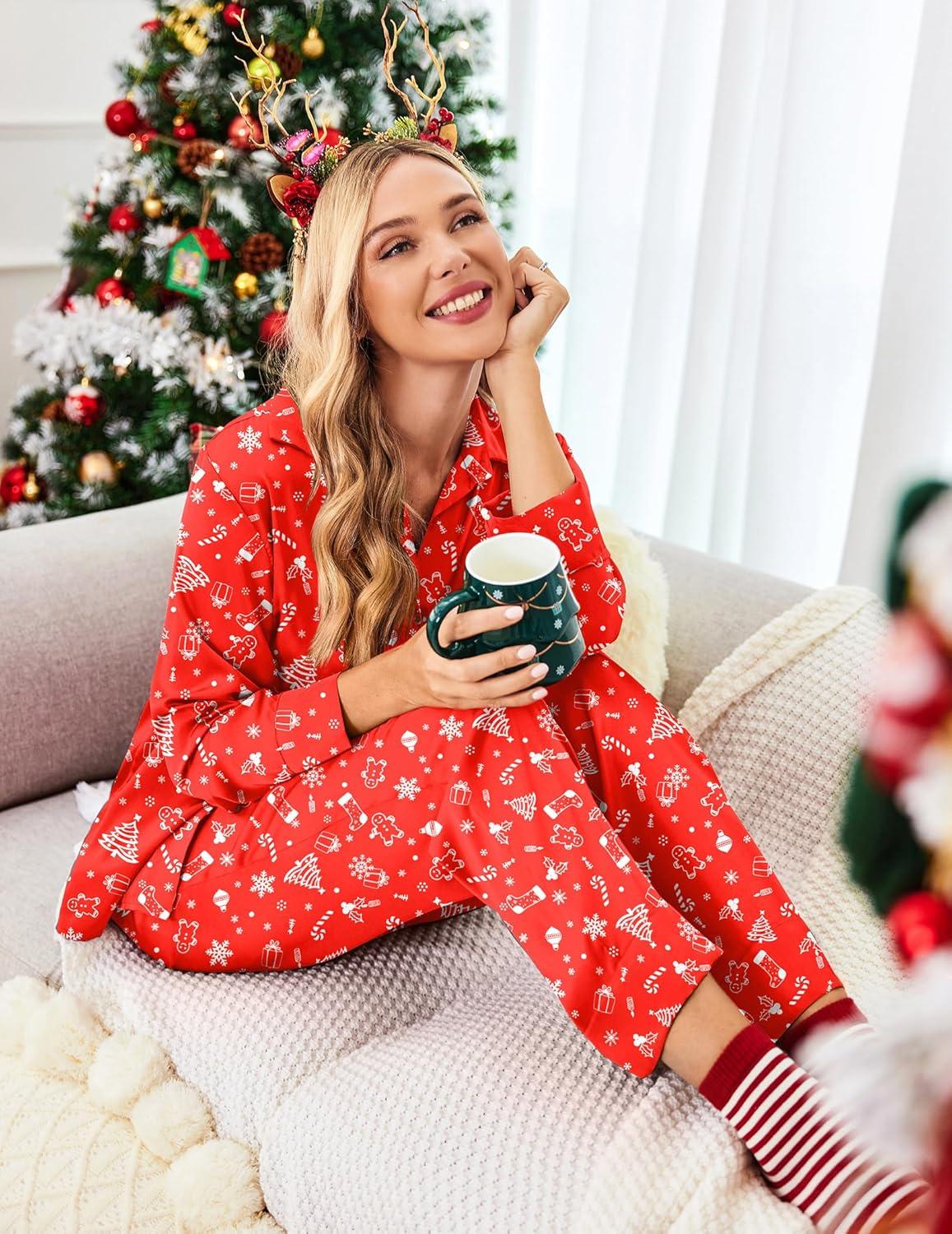imageEkouaer Women Satin Silk Pajamas Classic Long Sleeve Button Down Pjs Set Soft LoungewearChristmas Tree